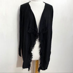 Lisa Rinna Collection Black Open-Front Fringe Cardigan